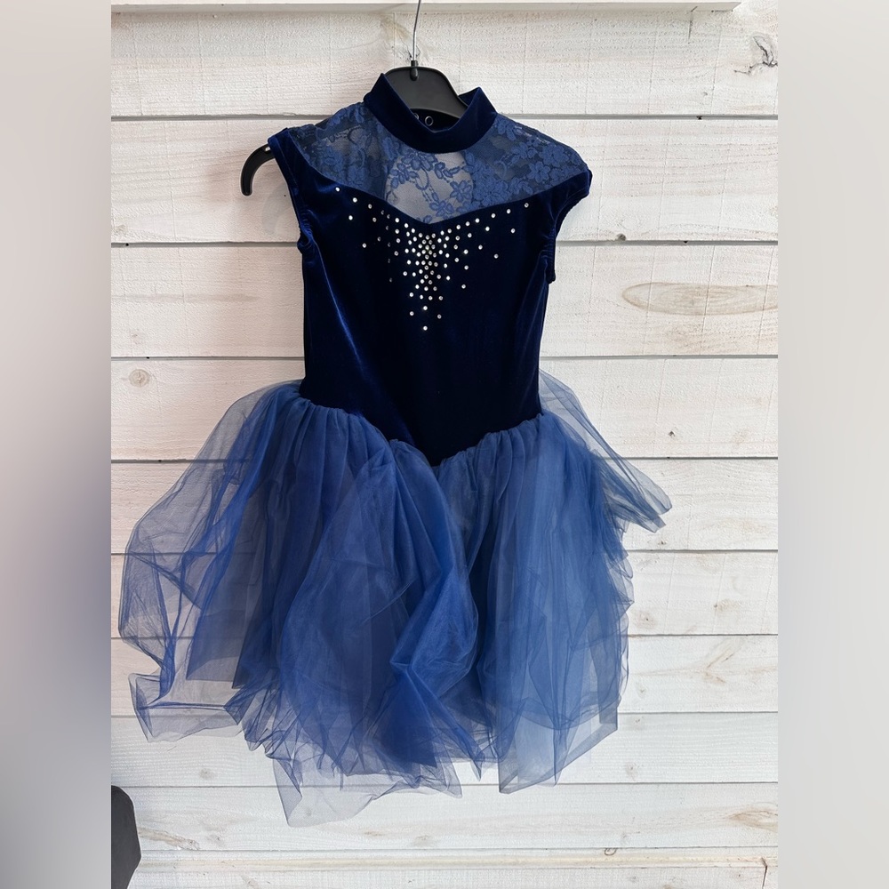 Weissman Navy Velvet + Lace dance outfit with tutu, size MC (Style 141137)